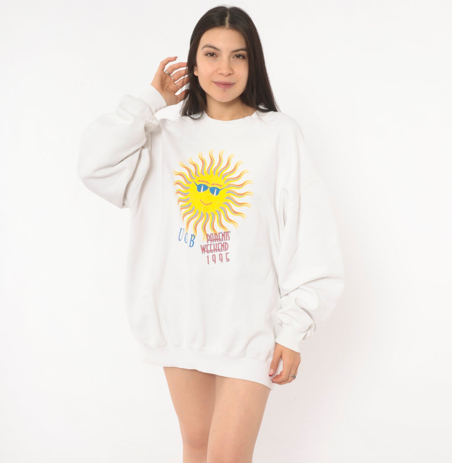 90s UCSB Sun Graphic Sweatshirt White Cotton College University Santa Barbara Pullover Collegiate Vintage Cream Unisex Top Extra Large XL