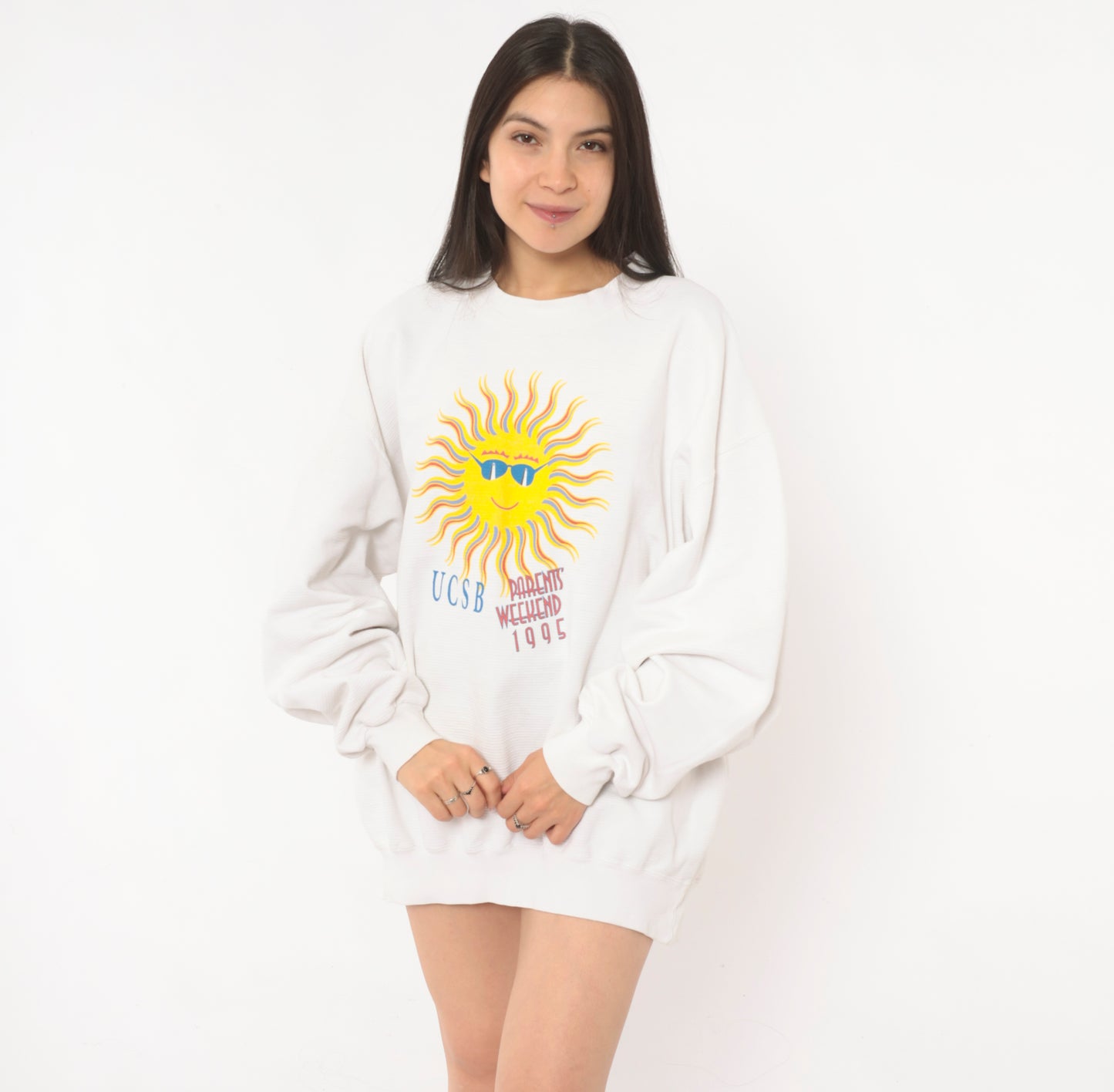 90s UCSB Sun Graphic Sweatshirt White Cotton College University Santa Barbara Pullover Collegiate Vintage Cream Unisex Top Extra Large XL