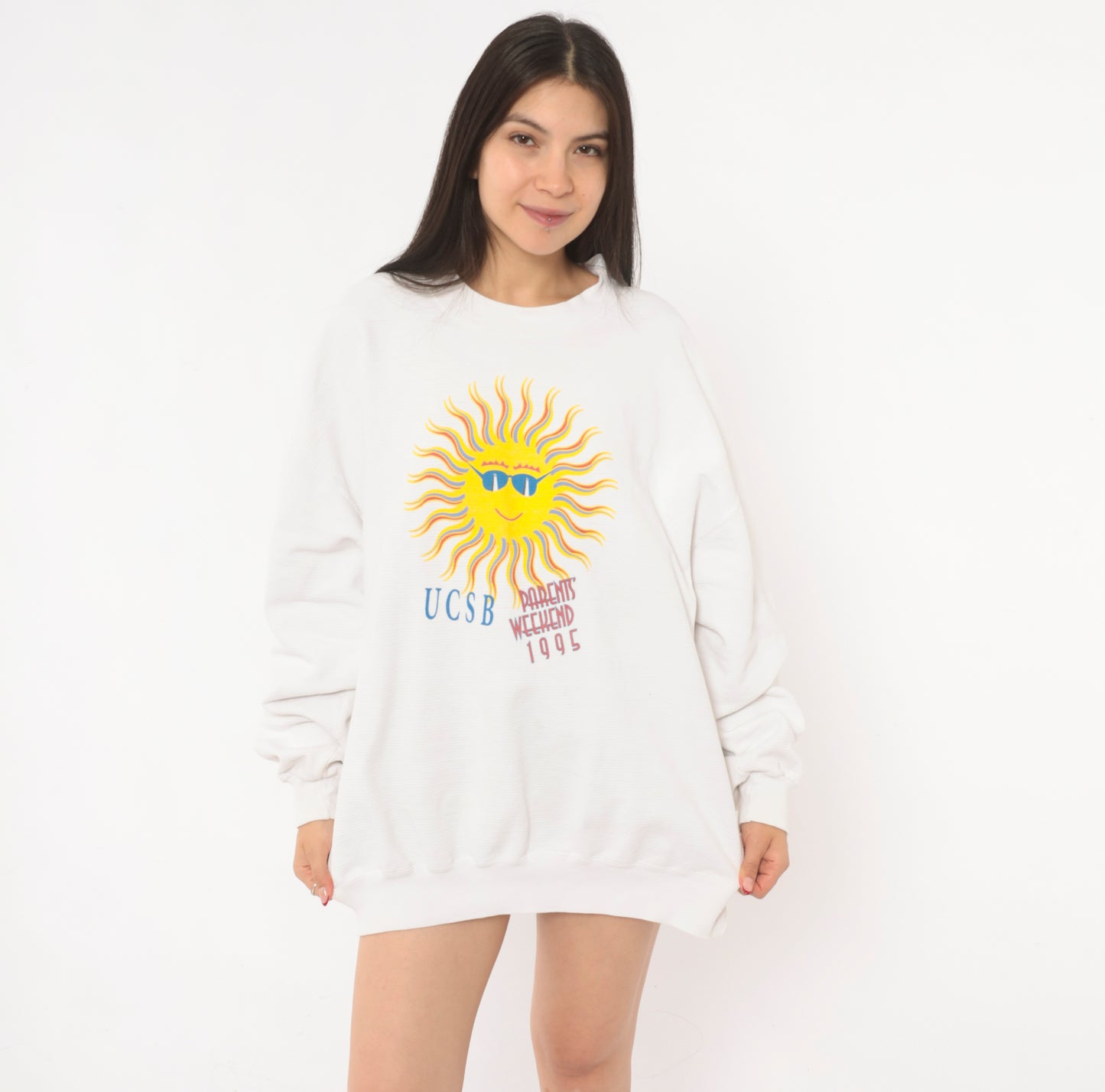 90s UCSB Sun Graphic Sweatshirt White Cotton College University Santa Barbara Pullover Collegiate Vintage Cream Unisex Top Extra Large XL