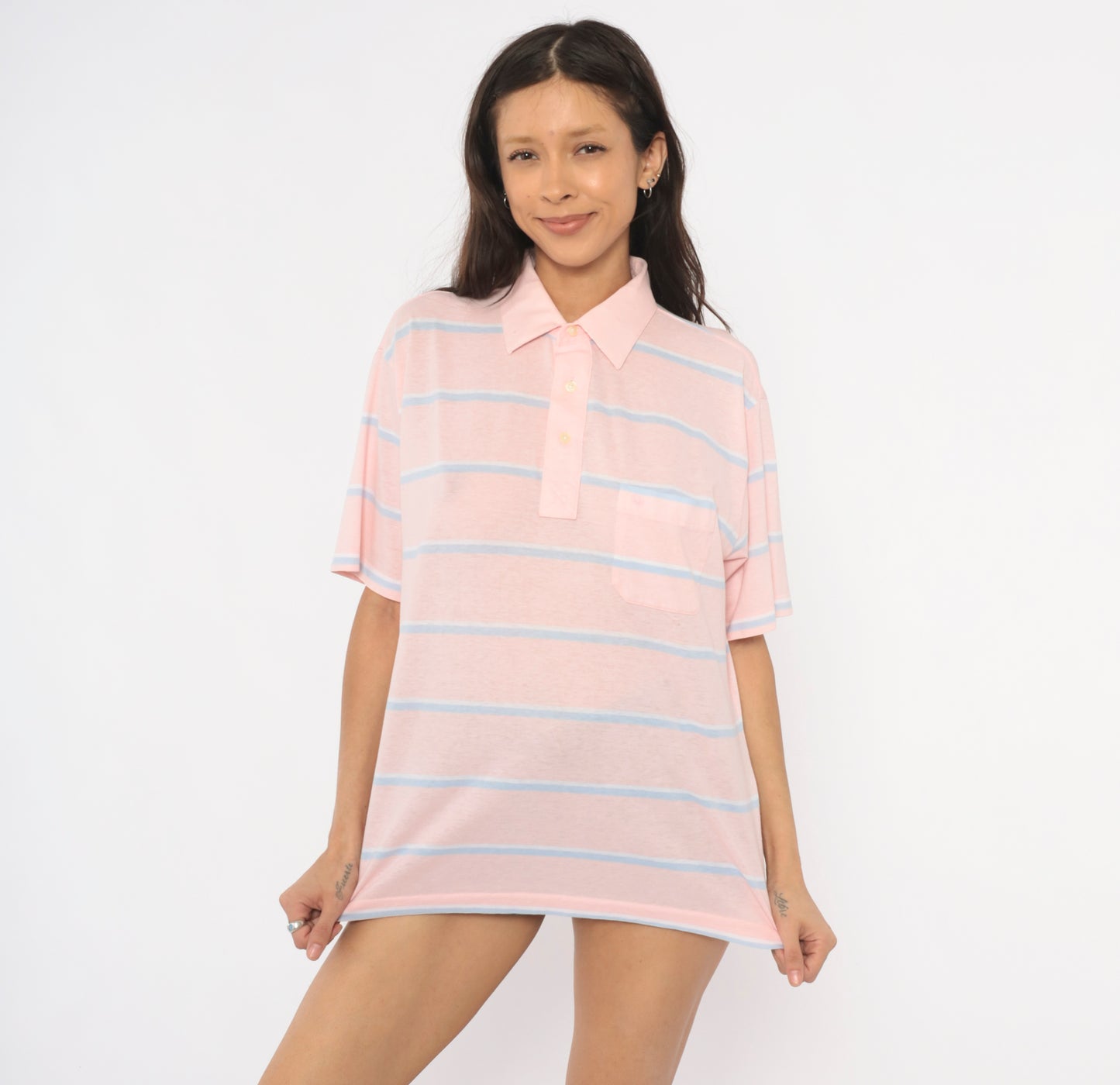 Christian Dior Polo 90s Striped Shirt Pink Blue Cotton Collared Top Pocket Pastel Blouse Preppy Collegiate Tennis Relaxed Fit Tee Large L