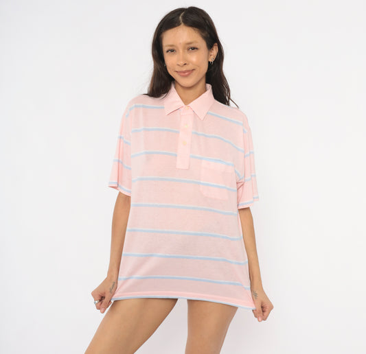 Christian Dior Polo 90s Striped Shirt Pink Blue Cotton Collared Top Pocket Pastel Blouse Preppy Collegiate Tennis Relaxed Fit Tee Large L