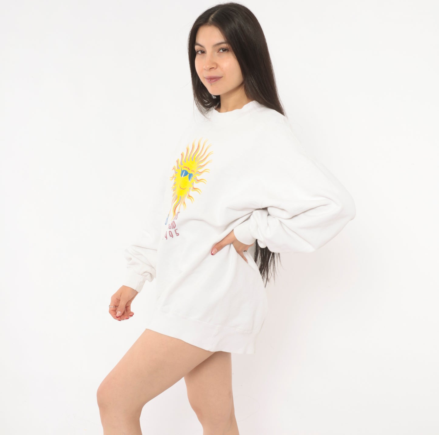 90s UCSB Sun Graphic Sweatshirt White Cotton College University Santa Barbara Pullover Collegiate Vintage Cream Unisex Top Extra Large XL