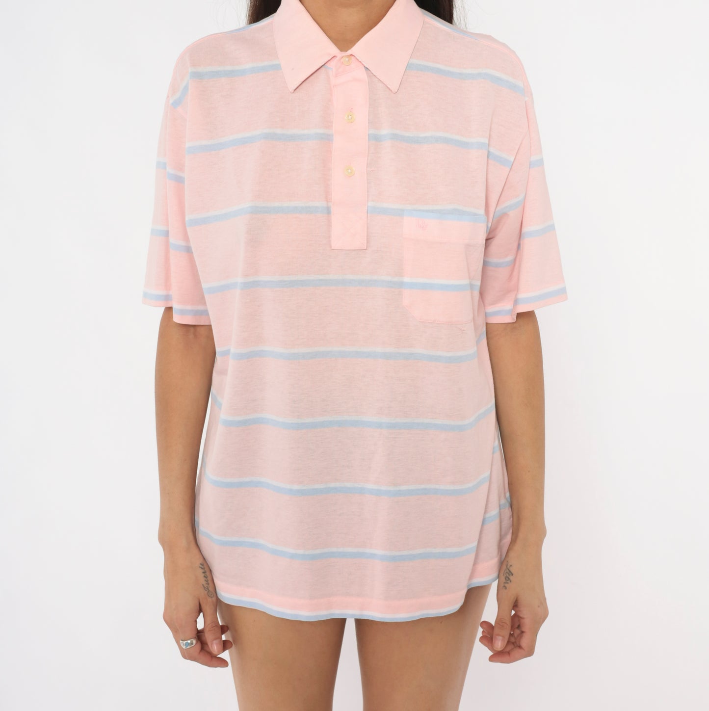 Christian Dior Polo 90s Striped Shirt Pink Blue Cotton Collared Top Pocket Pastel Blouse Preppy Collegiate Tennis Relaxed Fit Tee Large L
