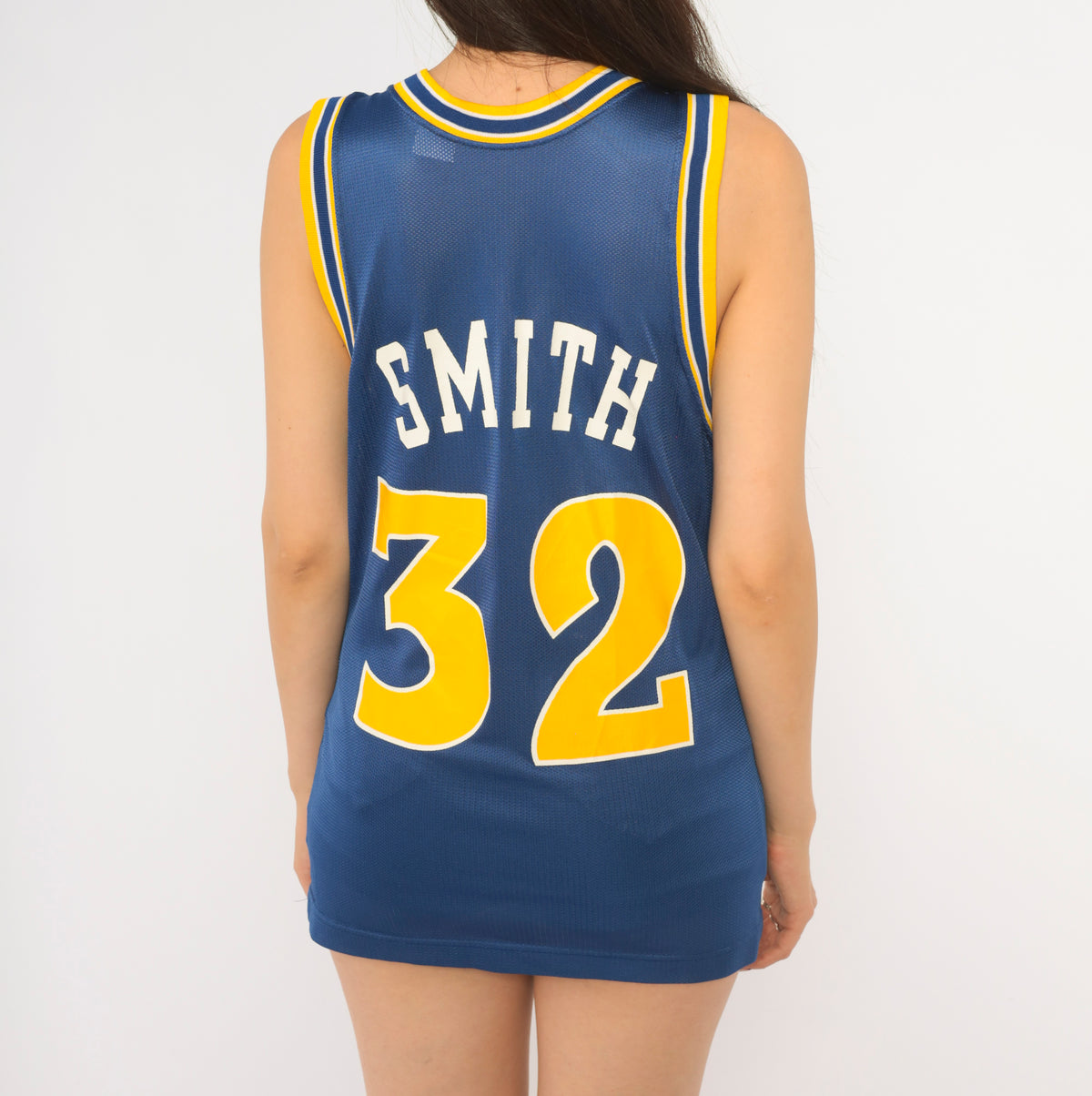 Champion Warriors Jersey 90s NBA Basketball Tank Top Cobalt Blue Yellow Mesh Number 32 Smith Golden State Sleeveless Scoop Neck Womens Unisex Sports Vintage Small S