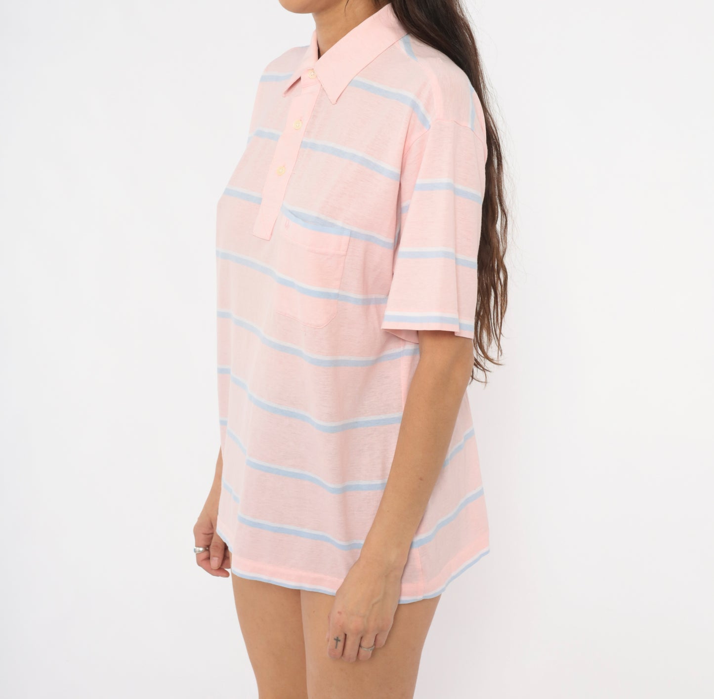 Christian Dior Polo 90s Striped Shirt Pink Blue Cotton Collared Top Pocket Pastel Blouse Preppy Collegiate Tennis Relaxed Fit Tee Large L
