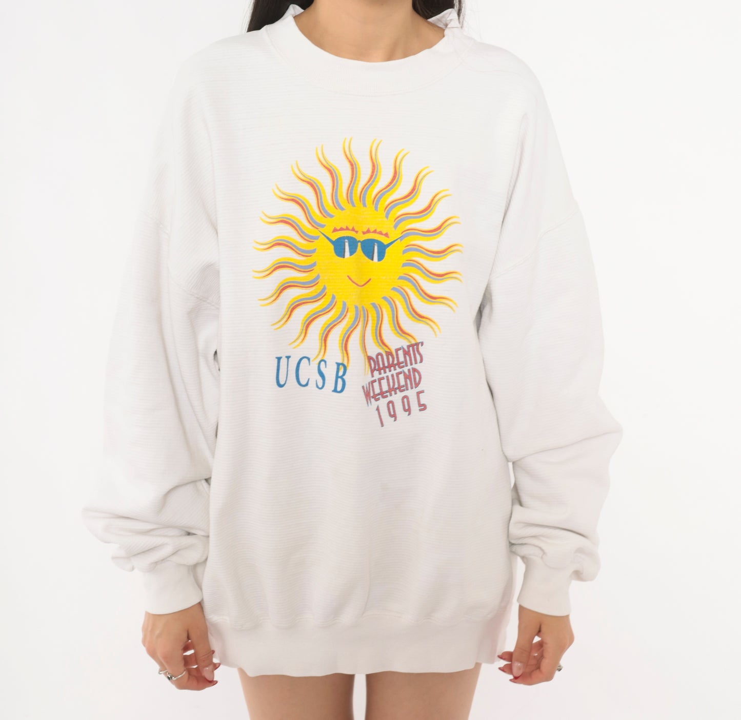 90s UCSB Sun Graphic Sweatshirt White Cotton College University Santa Barbara Pullover Collegiate Vintage Cream Unisex Top Extra Large XL