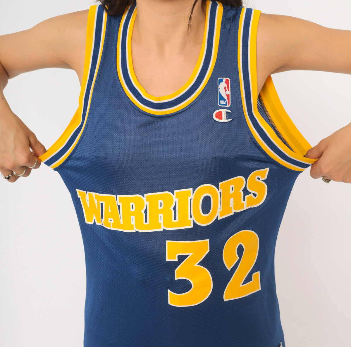 Champion Warriors Jersey 90s NBA Basketball Tank Top Cobalt Blue Yellow Mesh Number 32 Smith Golden State Sleeveless Scoop Neck Womens Unisex Sports Vintage Small S