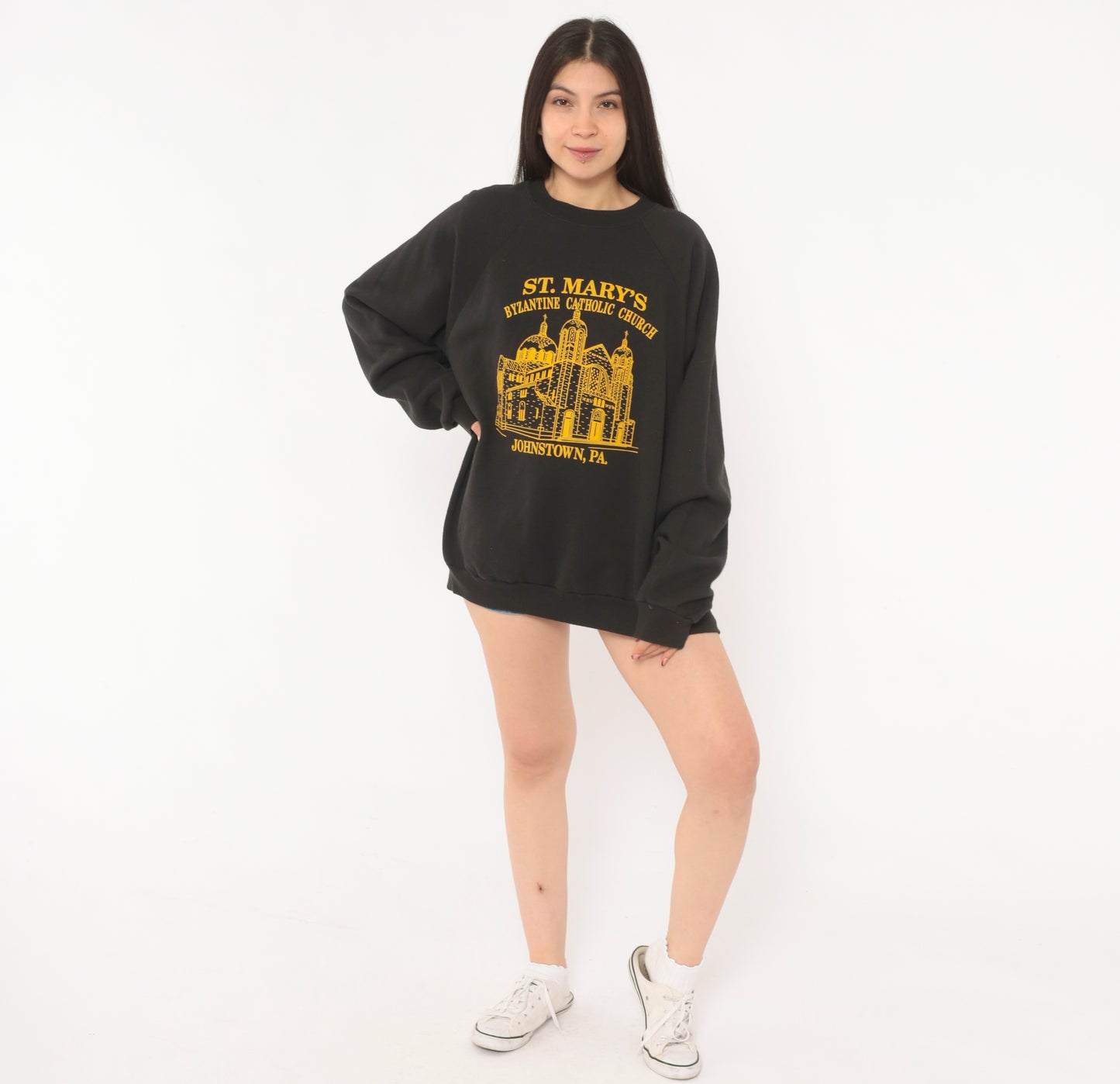 St Marys Church Sweatshirt 90s Byzantine Catholic Johnstown Pennsylvania Graphic Sleeve Black Gold Pullover Hanes Vintage Extra Large XL