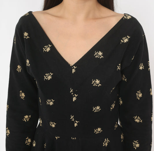 50s Embroidered Floral Dress Mr Mort Black Cream Cotton Fit Flare V Neck Long Sleeve Full Circle Skirt Swing Frock Midi Fur Cuff Dark Prairie Vintage Extra Small XS