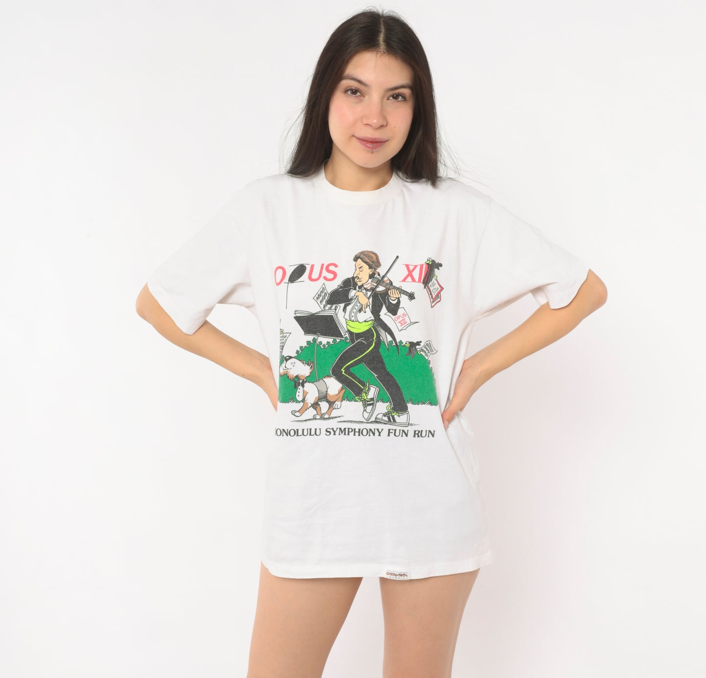Opus XIII Honolulu Symphony Fun Run Tee 90s Crazy Shirt Violin Cartoon White Cotton Music Event Hawaii  Print Illustrated Unisex Medium M