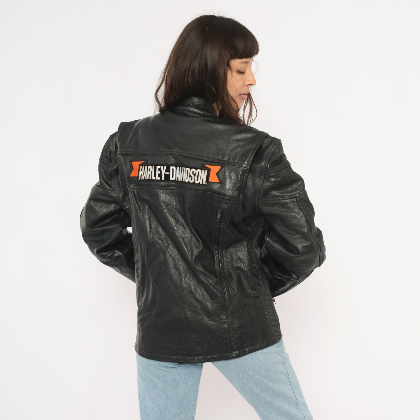 Harley Davidson Leather Jacket 90s Black Motorcycle Coat Biker Riding Padded Shoulder Moto Cruise Streetwear Cafe Racer Punk Rock Large L