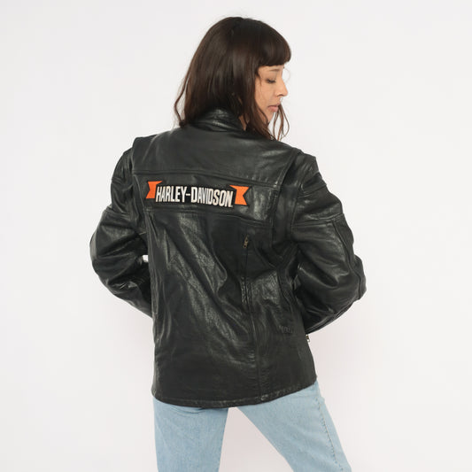 Harley Davidson Leather Jacket 90s Black Motorcycle Coat Biker Riding Padded Shoulder Moto Cruise Streetwear Cafe Racer Punk Rock Large L