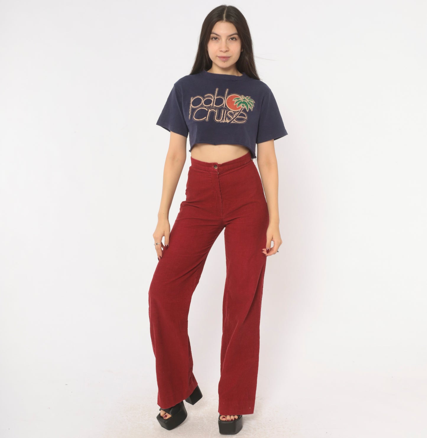 80s Pablo Cruise Band Tee Crop Top Navy Blue Cotton Short Sleeve Concert Shirt Distressed Rock Music Print Palm Tree Vintage Cropped Small S