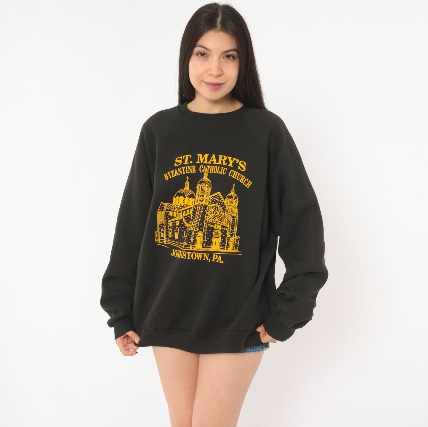 St Marys Church Sweatshirt 90s Byzantine Catholic Johnstown Pennsylvania Graphic Sleeve Black Gold Pullover Hanes Vintage Extra Large XL