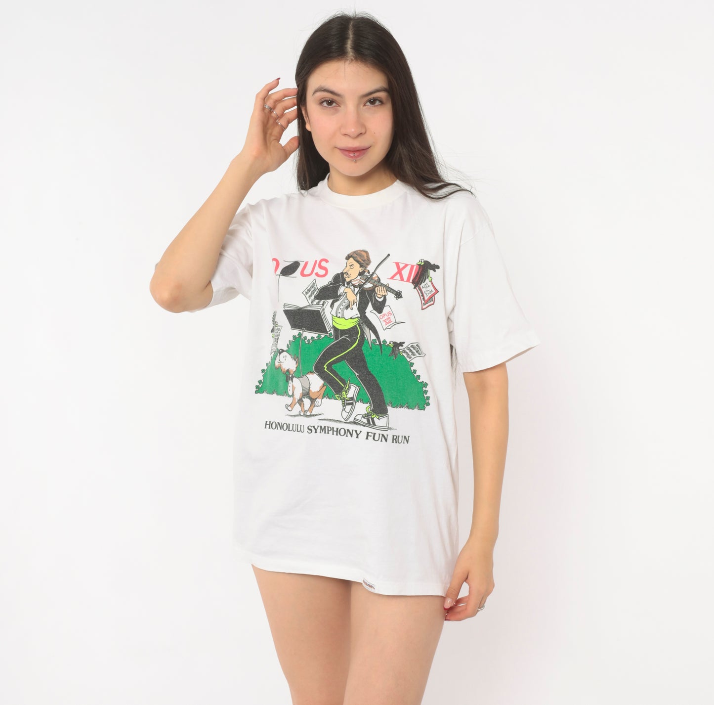 Opus XIII Honolulu Symphony Fun Run Tee 90s Crazy Shirt Violin Cartoon White Cotton Music Event Hawaii  Print Illustrated Unisex Medium M