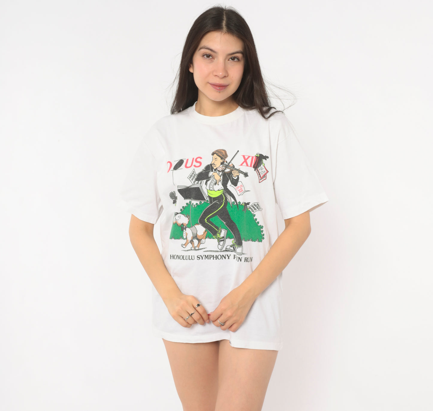 Opus XIII Honolulu Symphony Fun Run Tee 90s Crazy Shirt Violin Cartoon White Cotton Music Event Hawaii  Print Illustrated Unisex Medium M