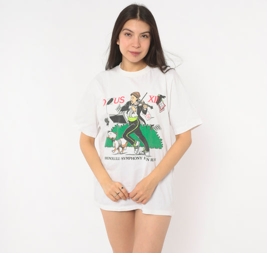 Opus XIII Honolulu Symphony Fun Run Tee 90s Crazy Shirt Violin Cartoon White Cotton Music Event Hawaii  Print Illustrated Unisex Medium M