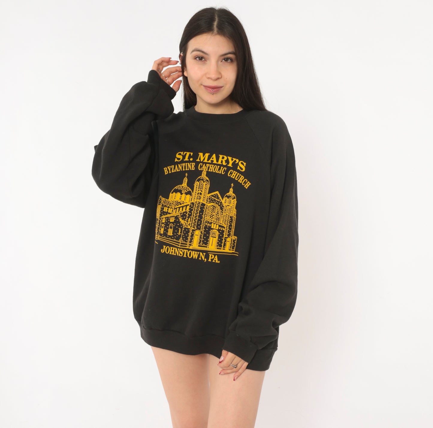 St Marys Church Sweatshirt 90s Byzantine Catholic Johnstown Pennsylvania Graphic Sleeve Black Gold Pullover Hanes Vintage Extra Large XL