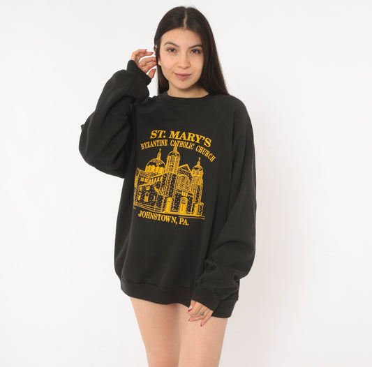 St Marys Church Sweatshirt 90s Byzantine Catholic Johnstown Pennsylvania Graphic Sleeve Black Gold Pullover Hanes Vintage Extra Large XL