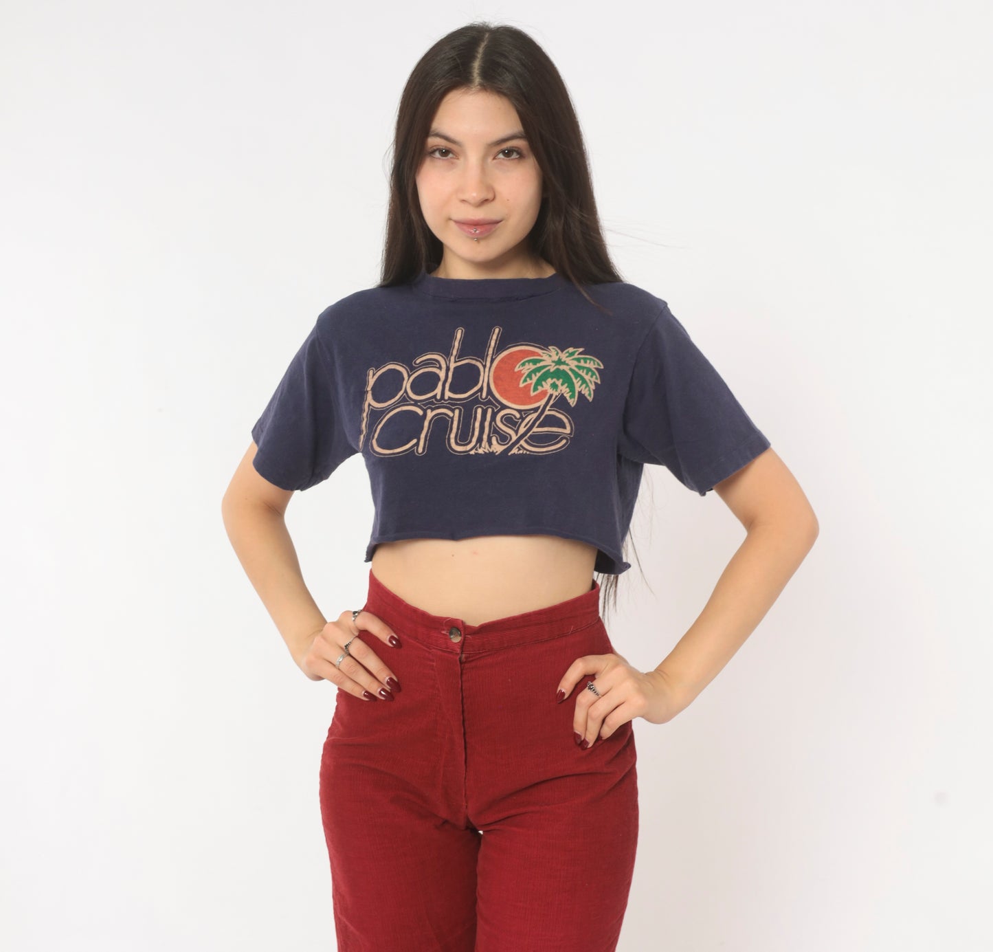 80s Pablo Cruise Band Tee Crop Top Navy Blue Cotton Short Sleeve Concert Shirt Distressed Rock Music Print Palm Tree Vintage Cropped Small S