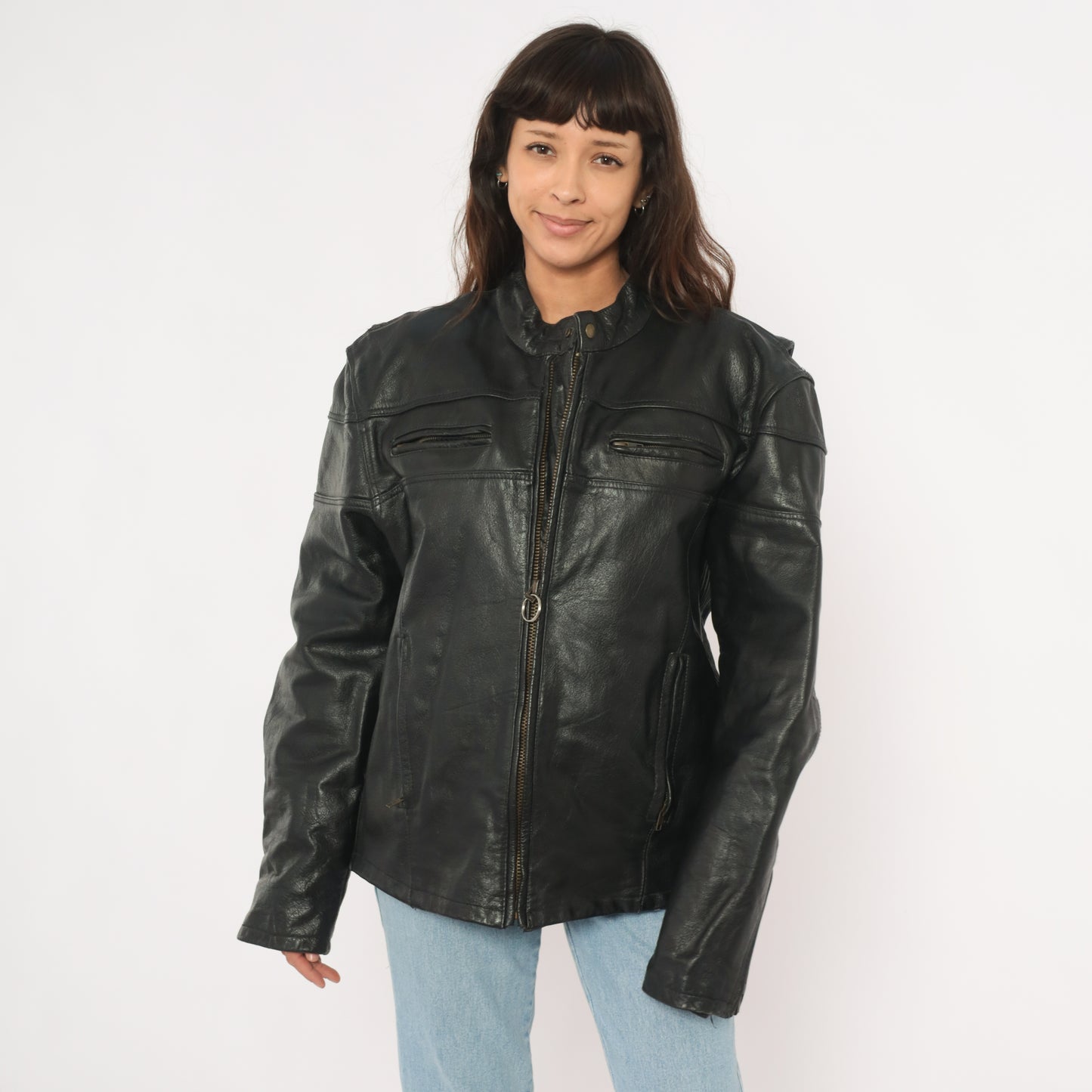 Harley Davidson Leather Jacket 90s Black Motorcycle Coat Biker Riding Padded Shoulder Moto Cruise Streetwear Cafe Racer Punk Rock Large L