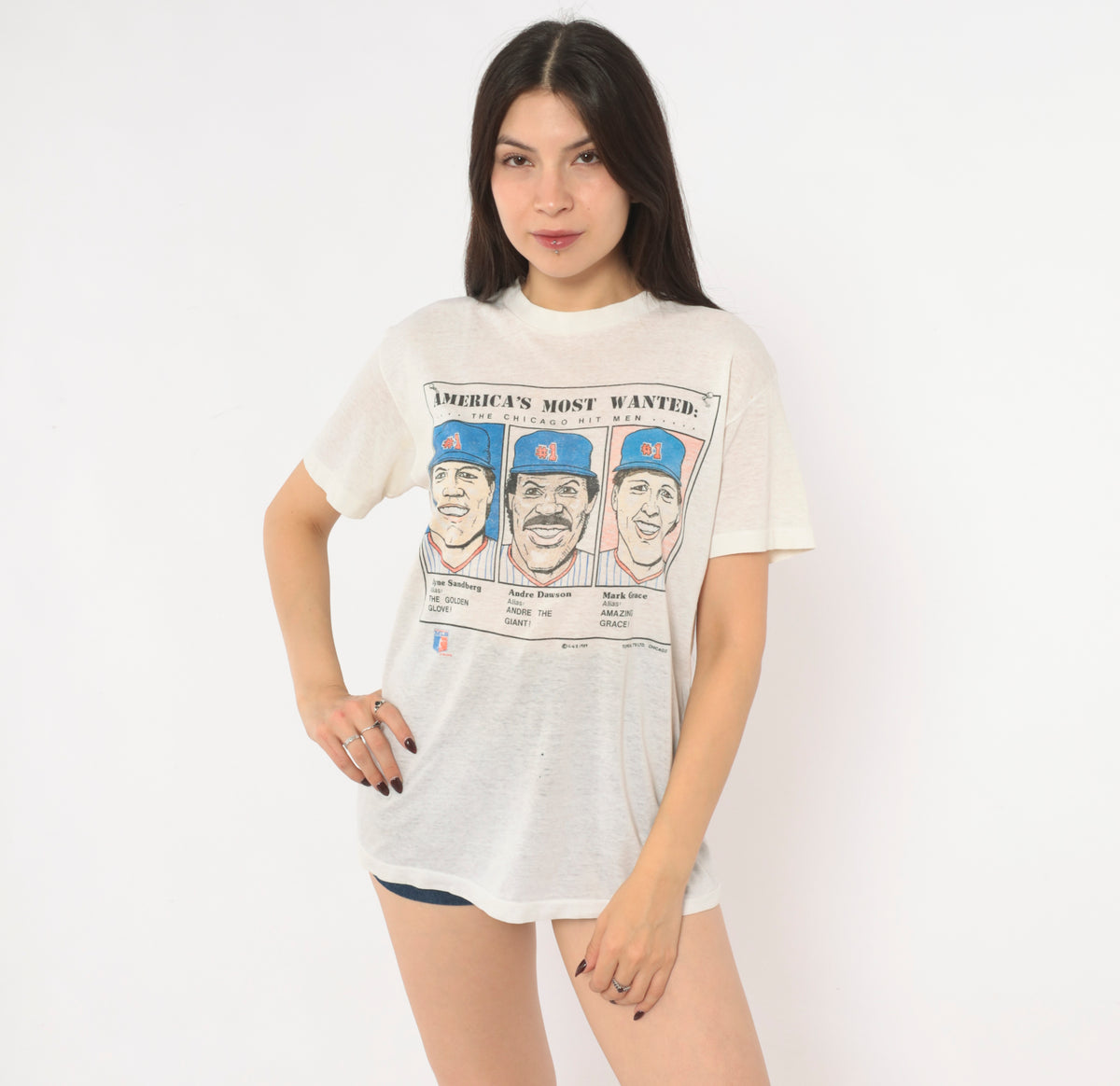 80s Chicago Cubs T Shirt 1989 MLB Baseball Graphic Tee White Cotton Ryne Sandberg Andre Dawson Mark Grace Americas Most Wanted Crew Neck Short Sleeve Sports Top Small S