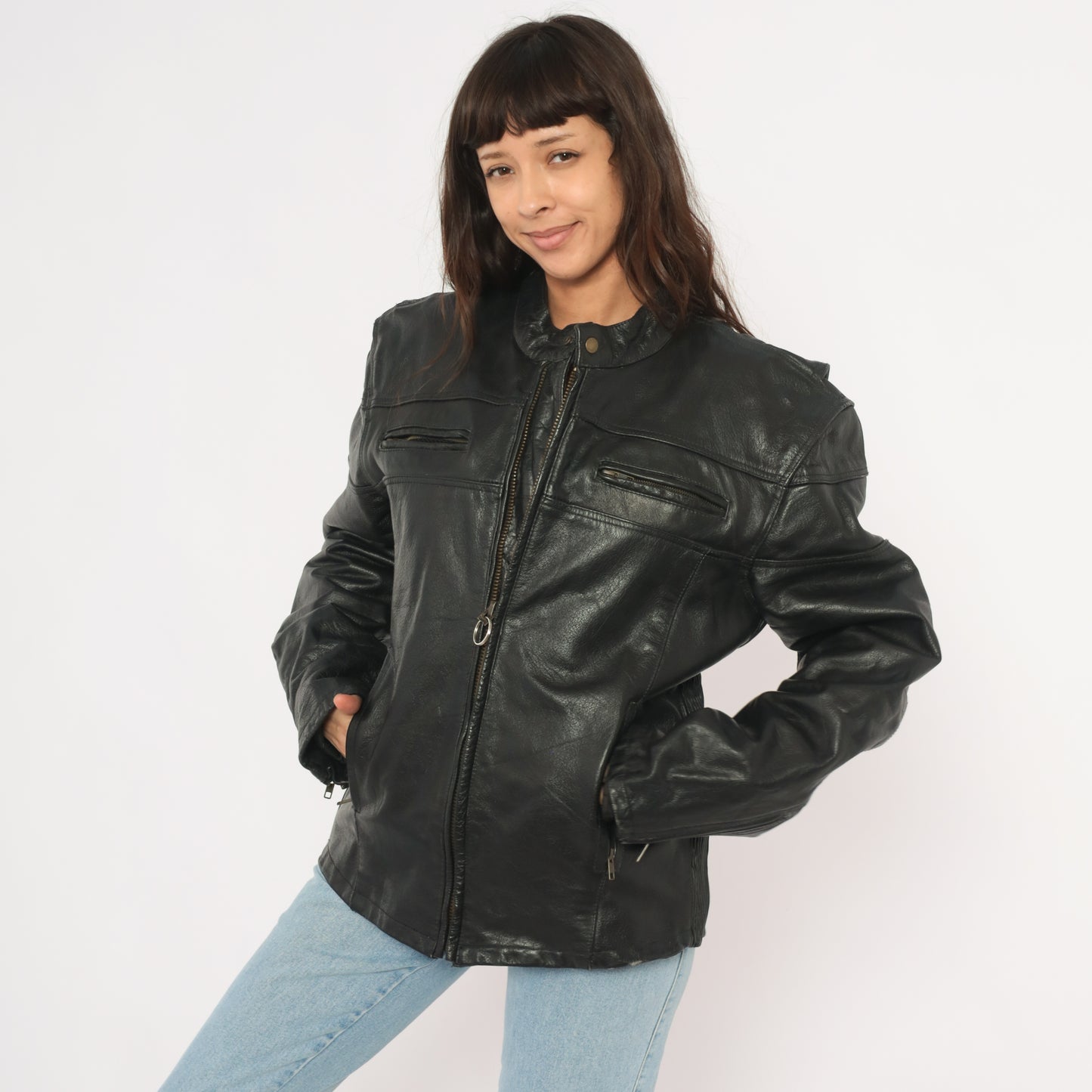 Harley Davidson Leather Jacket 90s Black Motorcycle Coat Biker Riding Padded Shoulder Moto Cruise Streetwear Cafe Racer Punk Rock Large L