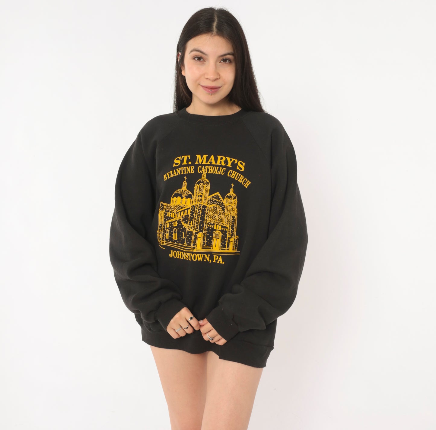 St Marys Church Sweatshirt 90s Byzantine Catholic Johnstown Pennsylvania Graphic Sleeve Black Gold Pullover Hanes Vintage Extra Large XL
