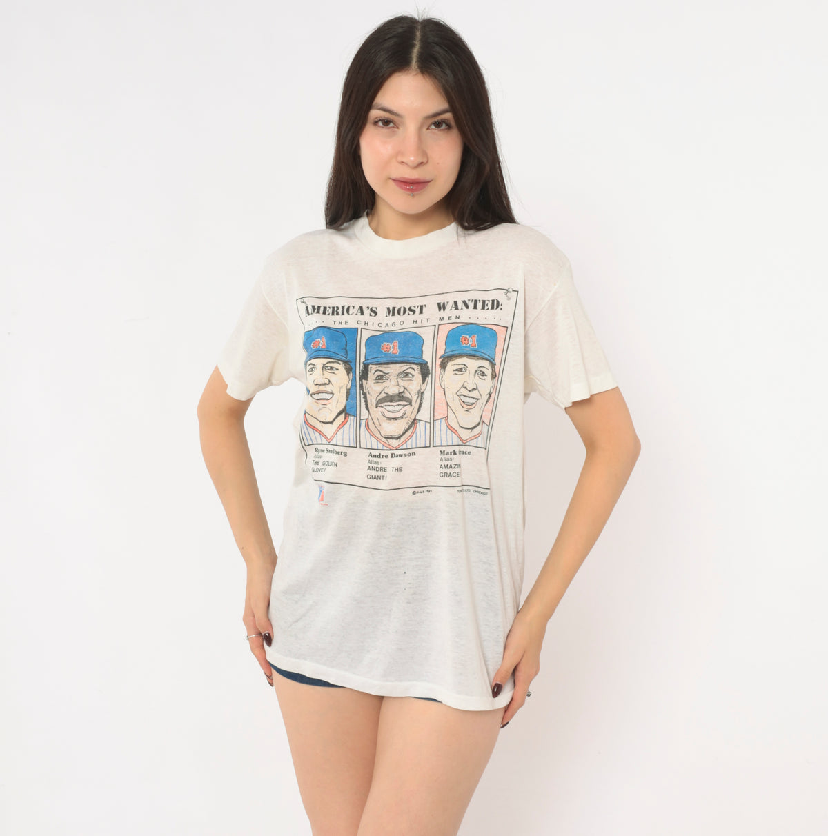 80s Chicago Cubs T Shirt 1989 MLB Baseball Graphic Tee White Cotton Ryne Sandberg Andre Dawson Mark Grace Americas Most Wanted Crew Neck Short Sleeve Sports Top Small S