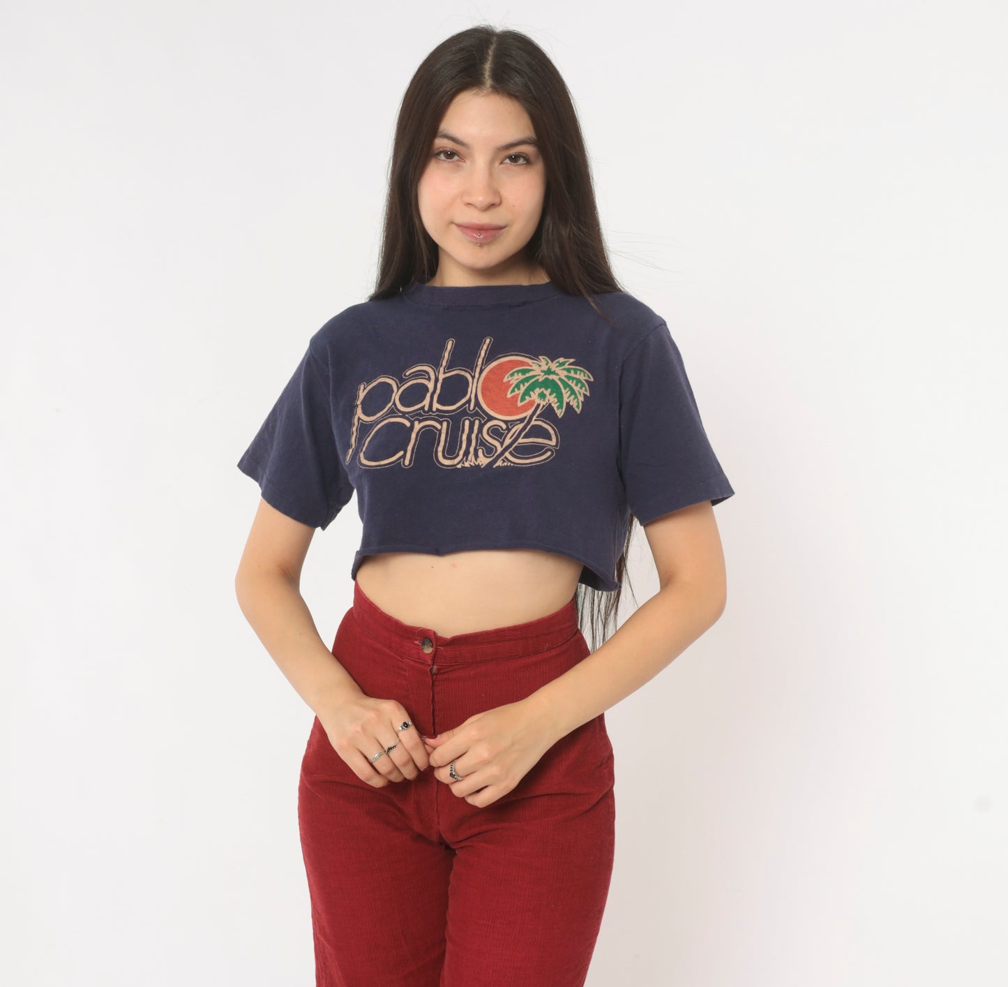 80s Pablo Cruise Band Tee Crop Top Navy Blue Cotton Short Sleeve Concert Shirt Distressed Rock Music Print Palm Tree Vintage Cropped Small S