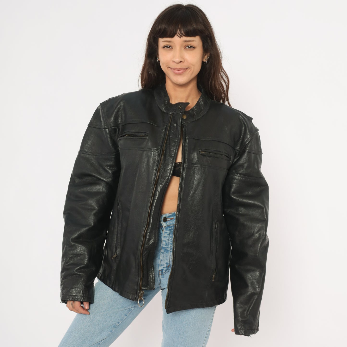 Harley Davidson Leather Jacket 90s Black Motorcycle Coat Biker Riding Padded Shoulder Moto Cruise Streetwear Cafe Racer Punk Rock Large L