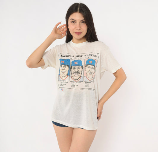 80s Chicago Cubs T Shirt 1989 MLB Baseball Graphic Tee White Cotton Ryne Sandberg Andre Dawson Mark Grace Americas Most Wanted Crew Neck Short Sleeve Sports Top Small S