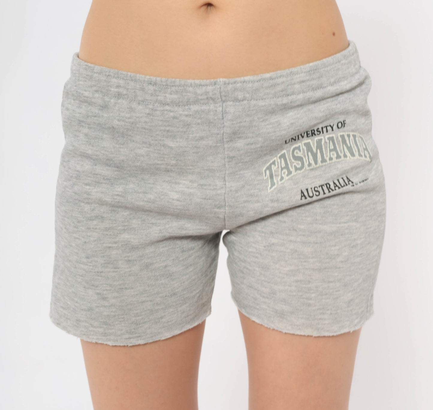 Champion Grey Sweat Shorts University Tasmania Cut Off Raw Hem Elastic Waist Athletic Cotton Ash Lounge Collegiate Preppy Casual Vintage Bottoms Small S