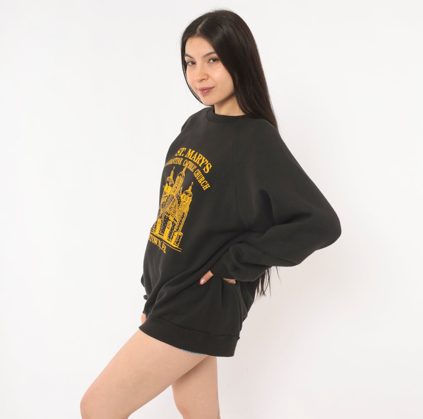 St Marys Church Sweatshirt 90s Byzantine Catholic Johnstown Pennsylvania Graphic Sleeve Black Gold Pullover Hanes Vintage Extra Large XL