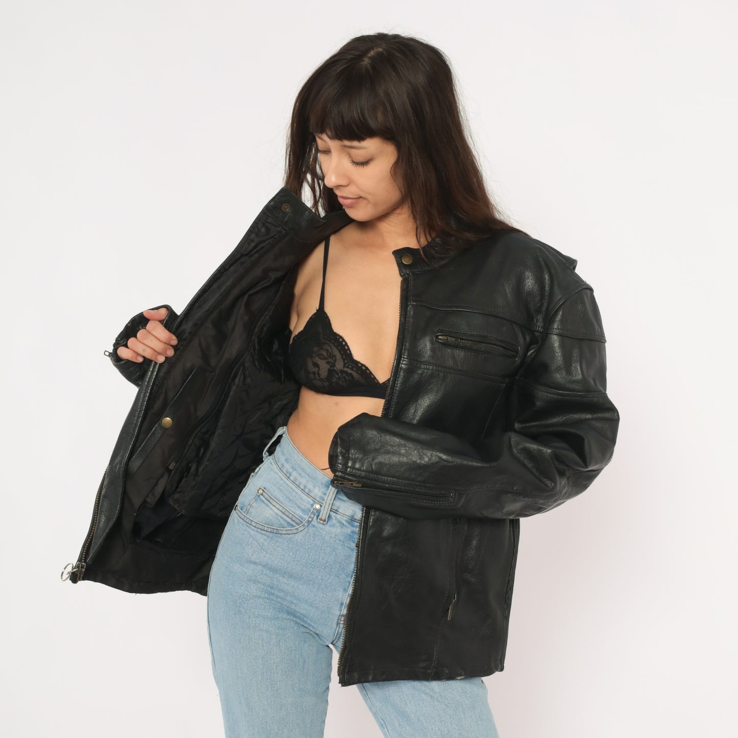 Harley Davidson Leather Jacket 90s Black Motorcycle Coat Biker Riding Padded Shoulder Moto Cruise Streetwear Cafe Racer Punk Rock Large L