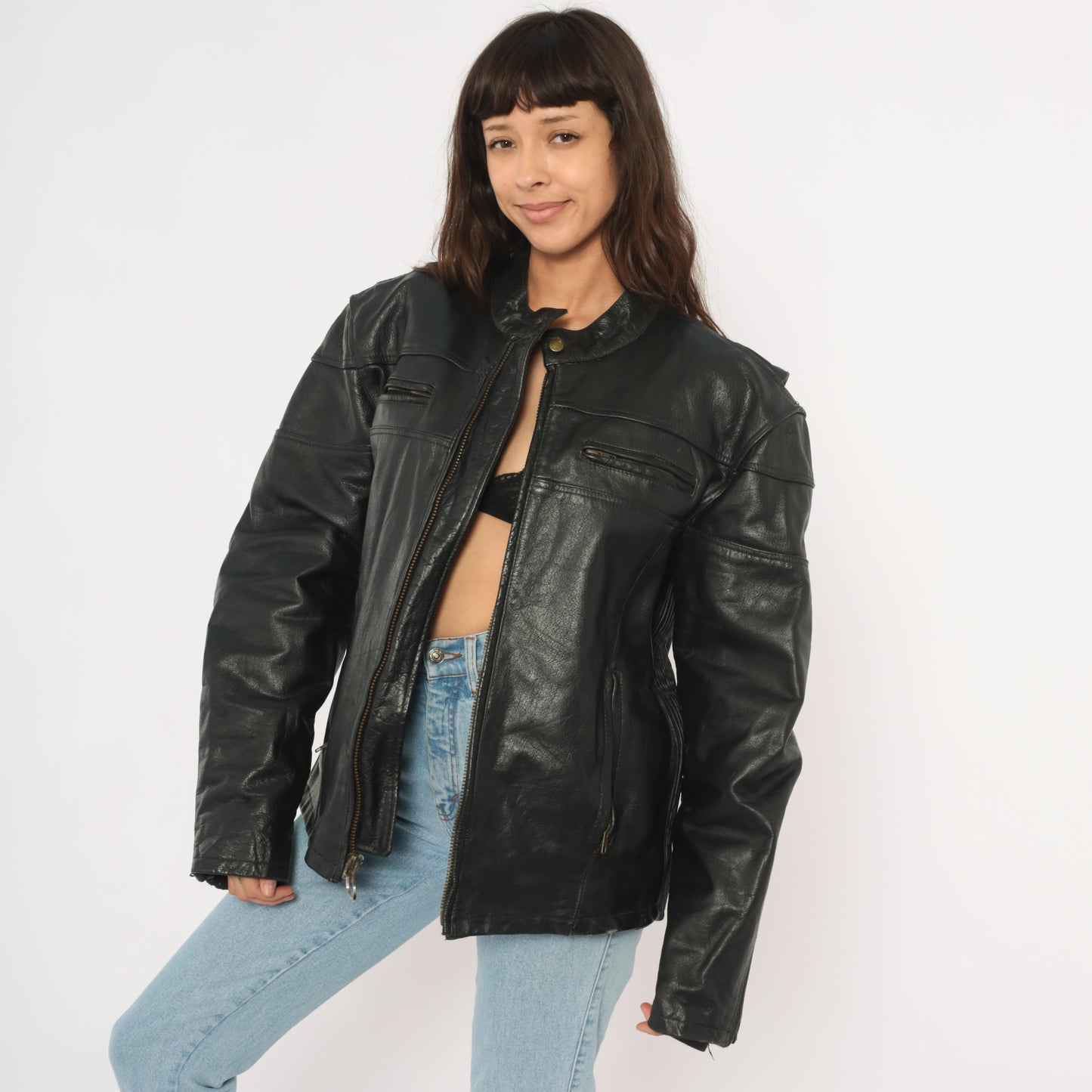 Harley Davidson Leather Jacket 90s Black Motorcycle Coat Biker Riding Padded Shoulder Moto Cruise Streetwear Cafe Racer Punk Rock Large L