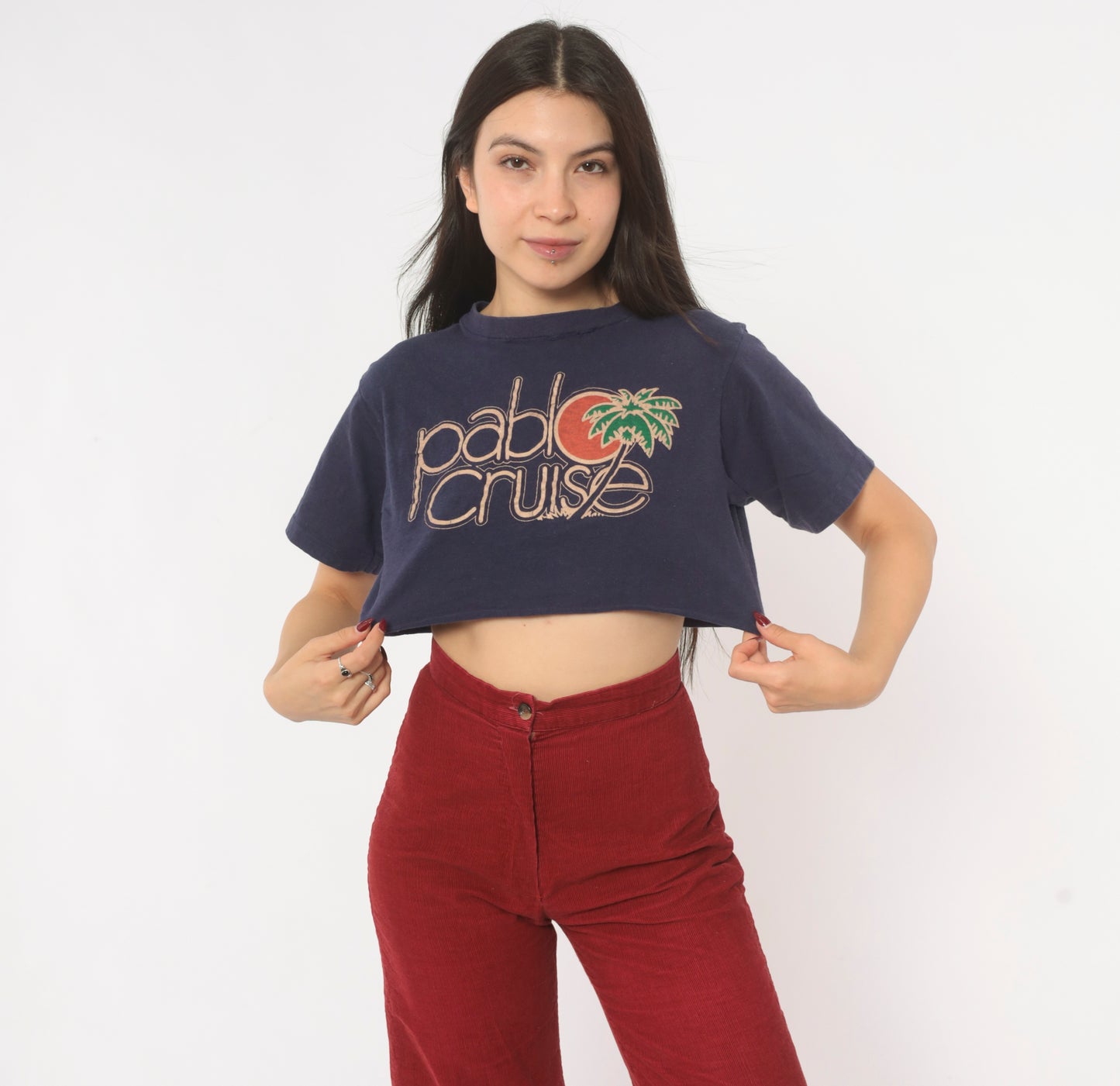 80s Pablo Cruise Band Tee Crop Top Navy Blue Cotton Short Sleeve Concert Shirt Distressed Rock Music Print Palm Tree Vintage Cropped Small S