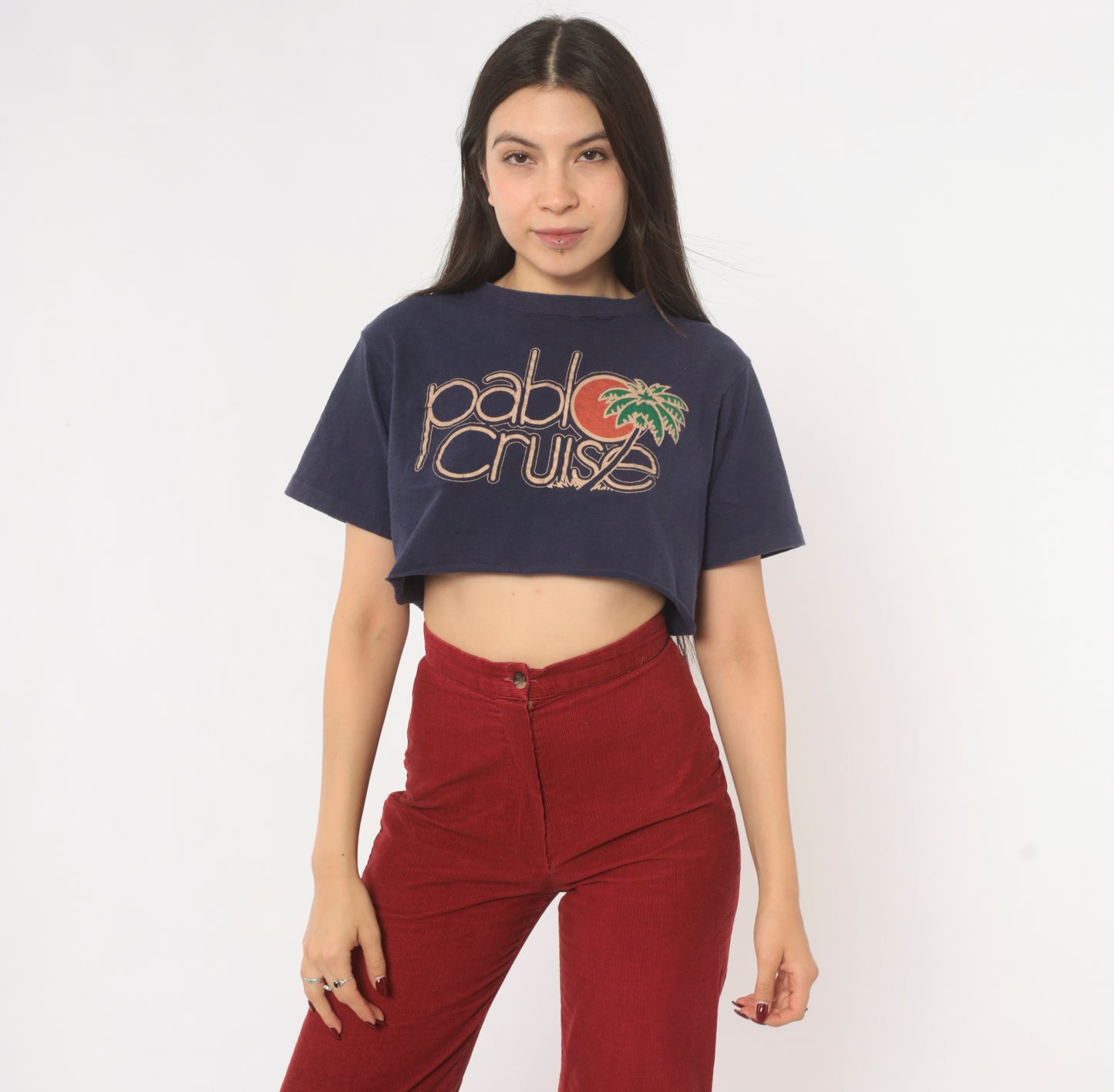 80s Pablo Cruise Band Tee Crop Top Navy Blue Cotton Short Sleeve Concert Shirt Distressed Rock Music Print Palm Tree Vintage Cropped Small S