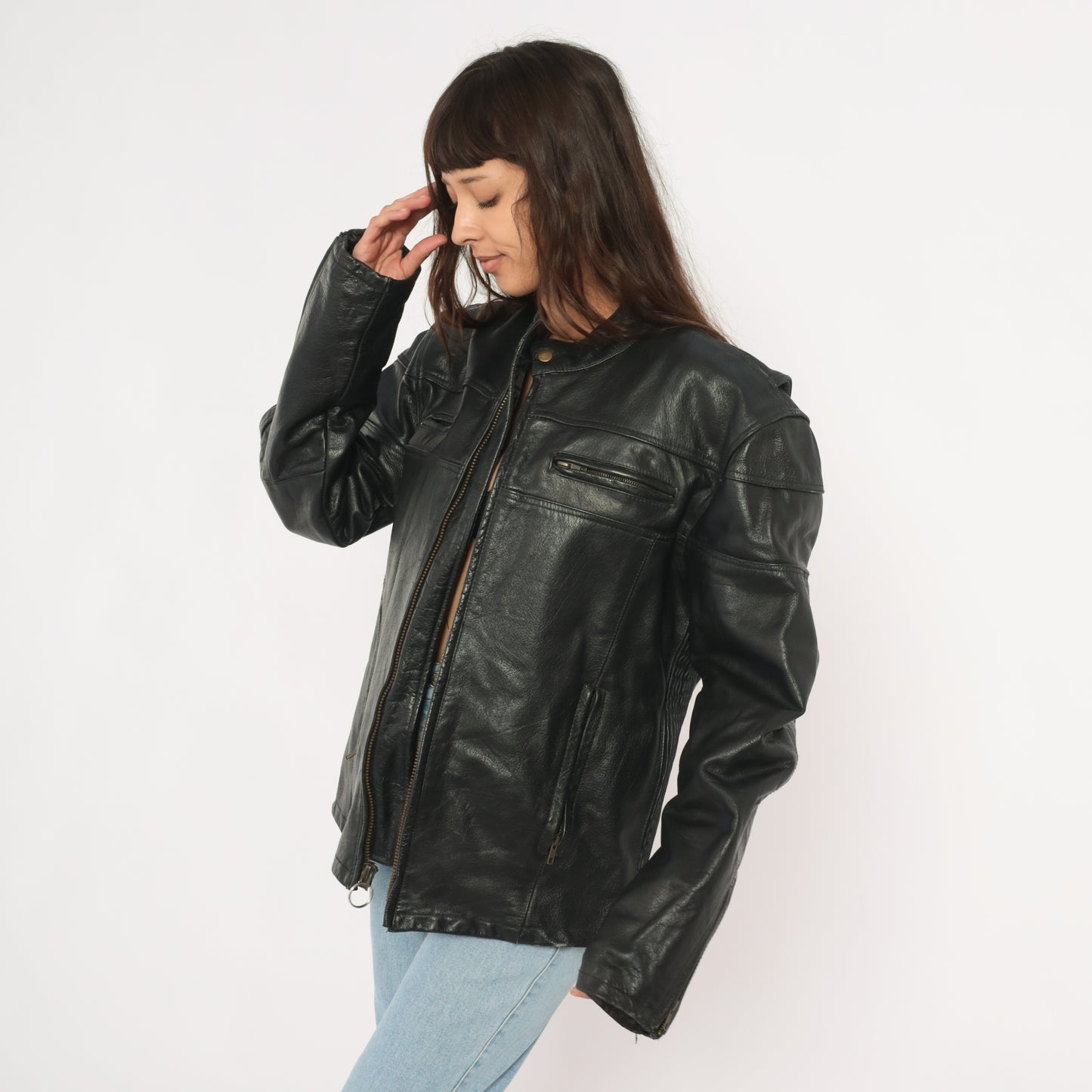 Harley Davidson Leather Jacket 90s Black Motorcycle Coat Biker Riding Padded Shoulder Moto Cruise Streetwear Cafe Racer Punk Rock Large L