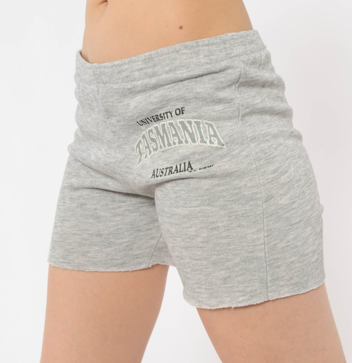 Champion Grey Sweat Shorts University Tasmania Cut Off Raw Hem Elastic Waist Athletic Cotton Ash Lounge Collegiate Preppy Casual Vintage Bottoms Small S