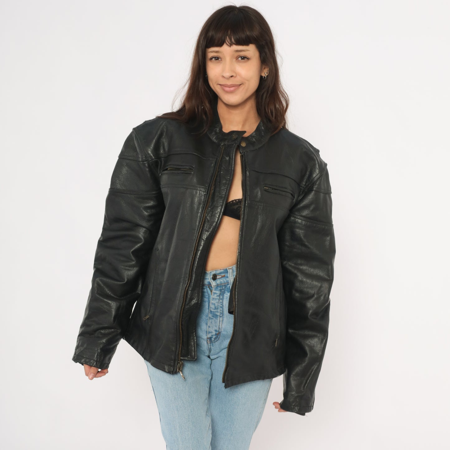 Harley Davidson Leather Jacket 90s Black Motorcycle Coat Biker Riding Padded Shoulder Moto Cruise Streetwear Cafe Racer Punk Rock Large L