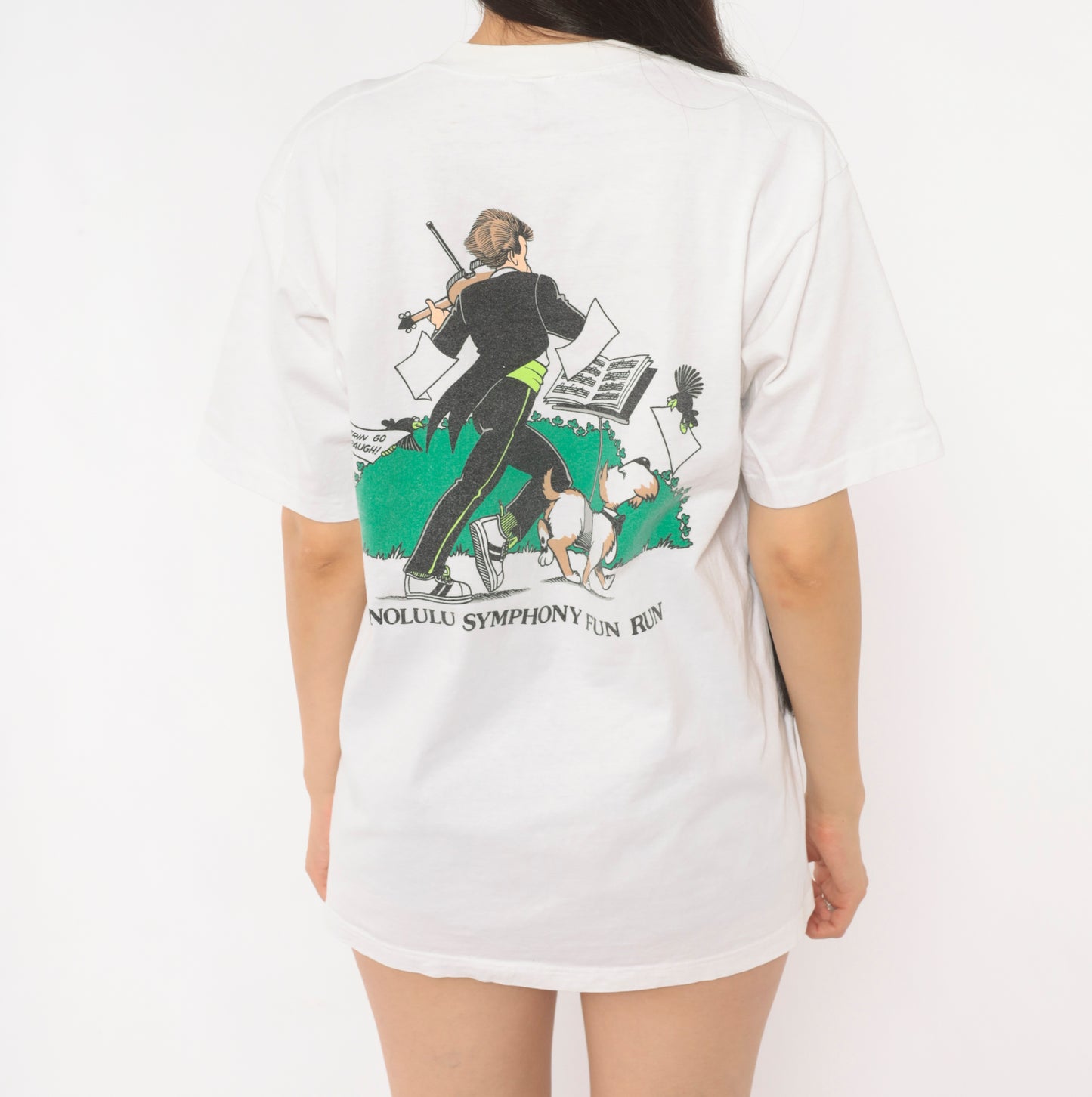 Opus XIII Honolulu Symphony Fun Run Tee 90s Crazy Shirt Violin Cartoon White Cotton Music Event Hawaii  Print Illustrated Unisex Medium M