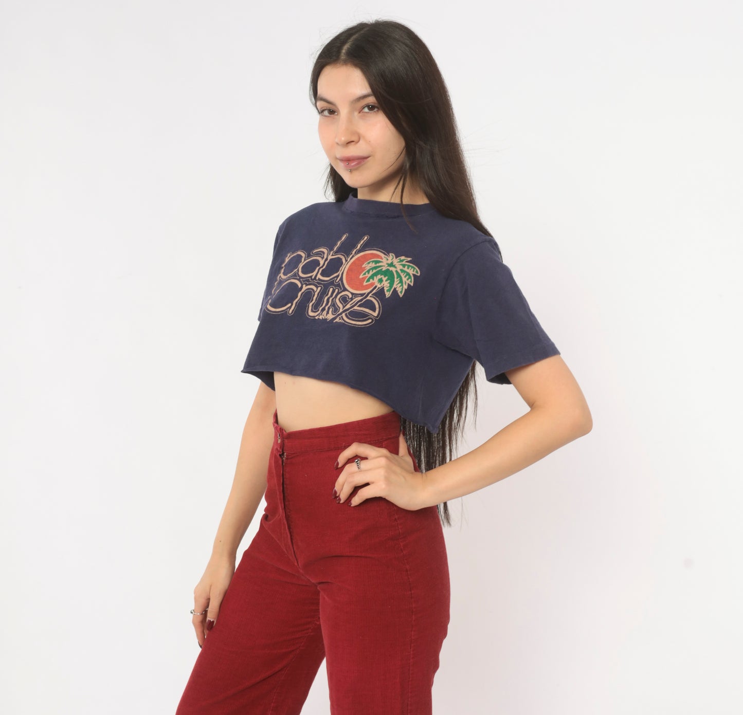 80s Pablo Cruise Band Tee Crop Top Navy Blue Cotton Short Sleeve Concert Shirt Distressed Rock Music Print Palm Tree Vintage Cropped Small S