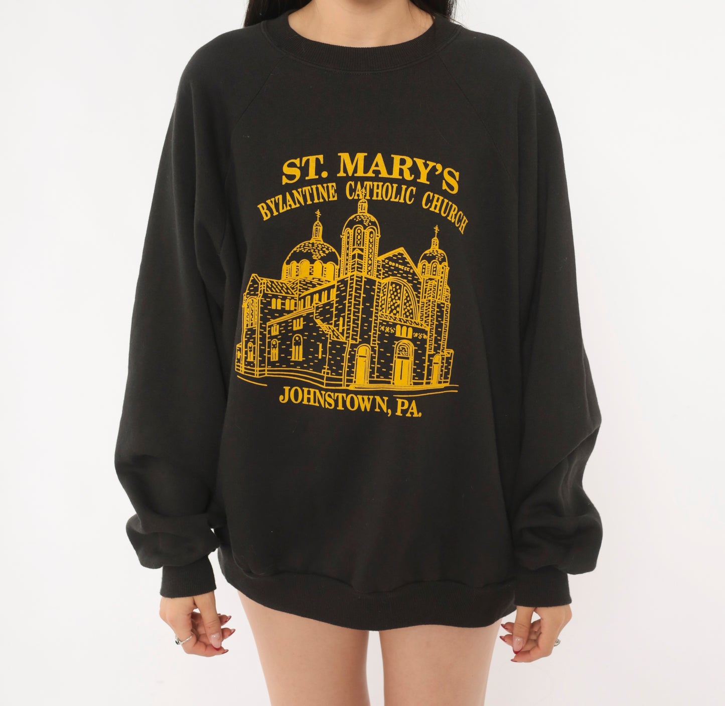 St Marys Church Sweatshirt 90s Byzantine Catholic Johnstown Pennsylvania Graphic Sleeve Black Gold Pullover Hanes Vintage Extra Large XL