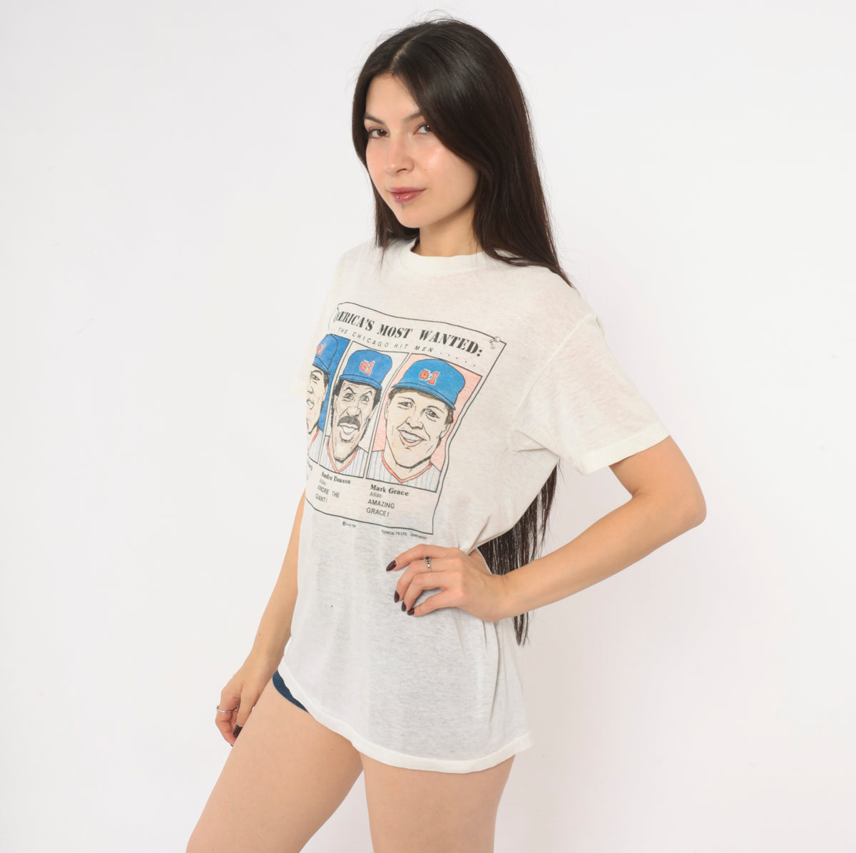 80s Chicago Cubs T Shirt 1989 MLB Baseball Graphic Tee White Cotton Ryne Sandberg Andre Dawson Mark Grace Americas Most Wanted Crew Neck Short Sleeve Sports Top Small S