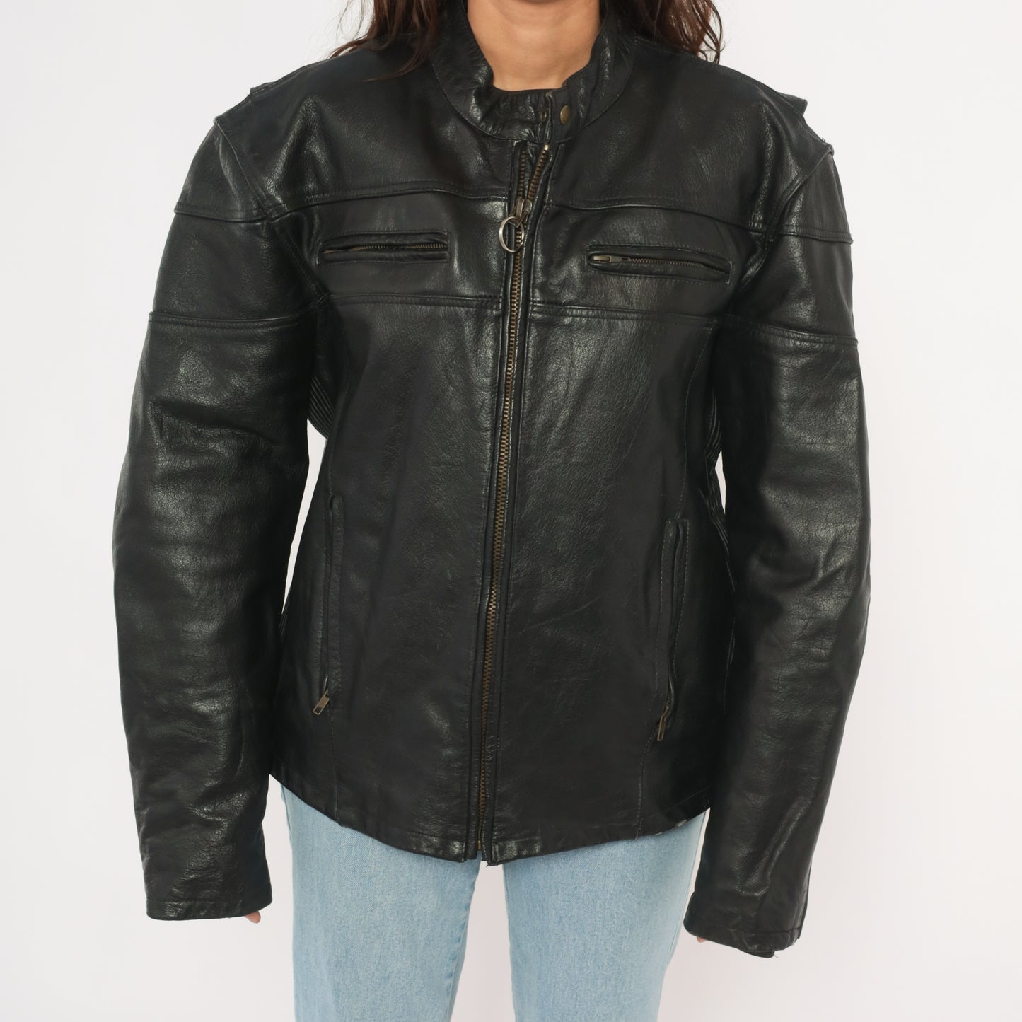 Harley Davidson Leather Jacket 90s Black Motorcycle Coat Biker Riding Padded Shoulder Moto Cruise Streetwear Cafe Racer Punk Rock Large L