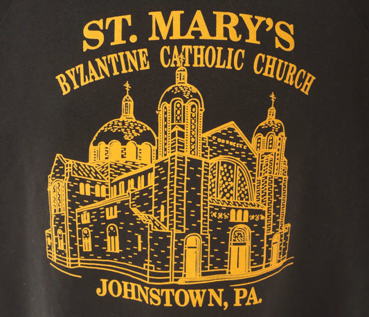 St Marys Church Sweatshirt 90s Byzantine Catholic Johnstown Pennsylvania Graphic Sleeve Black Gold Pullover Hanes Vintage Extra Large XL