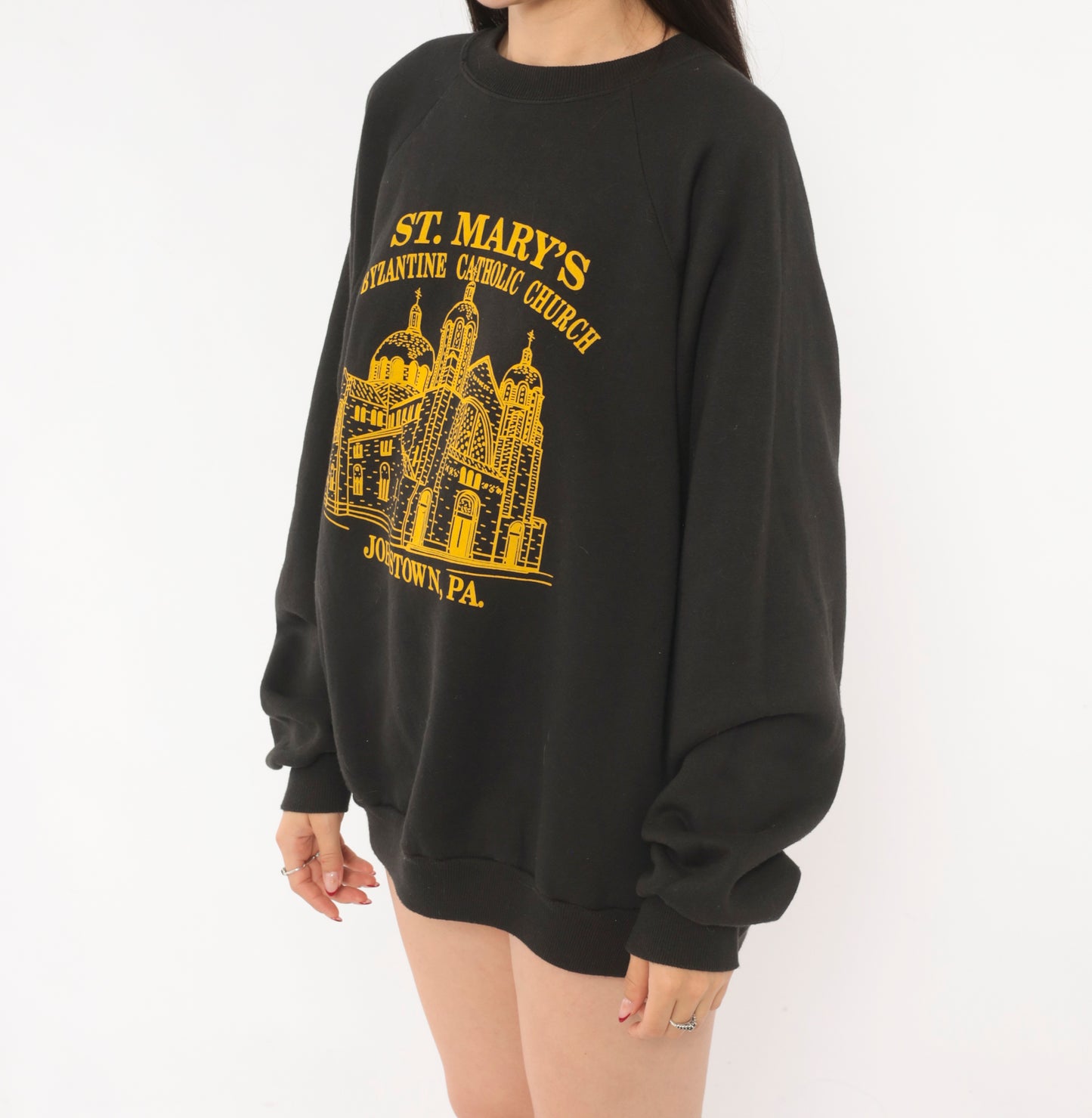 St Marys Church Sweatshirt 90s Byzantine Catholic Johnstown Pennsylvania Graphic Sleeve Black Gold Pullover Hanes Vintage Extra Large XL