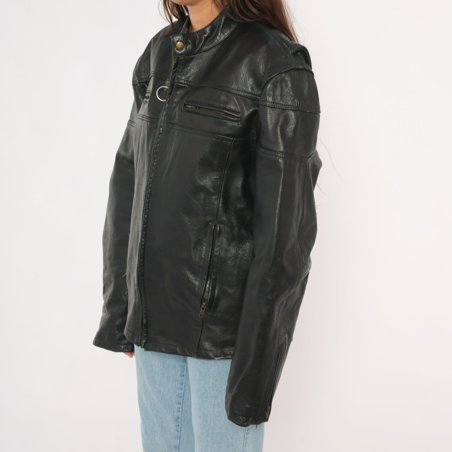 Harley Davidson Leather Jacket 90s Black Motorcycle Coat Biker Riding Padded Shoulder Moto Cruise Streetwear Cafe Racer Punk Rock Large L