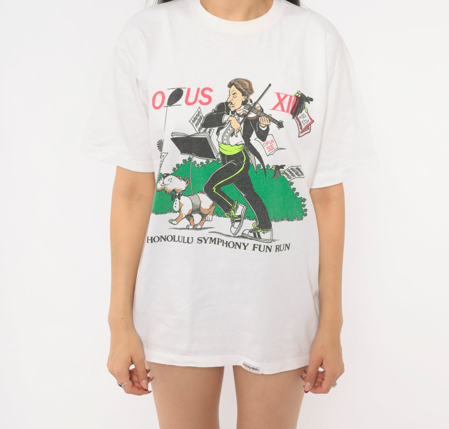 Opus XIII Honolulu Symphony Fun Run Tee 90s Crazy Shirt Violin Cartoon White Cotton Music Event Hawaii  Print Illustrated Unisex Medium M